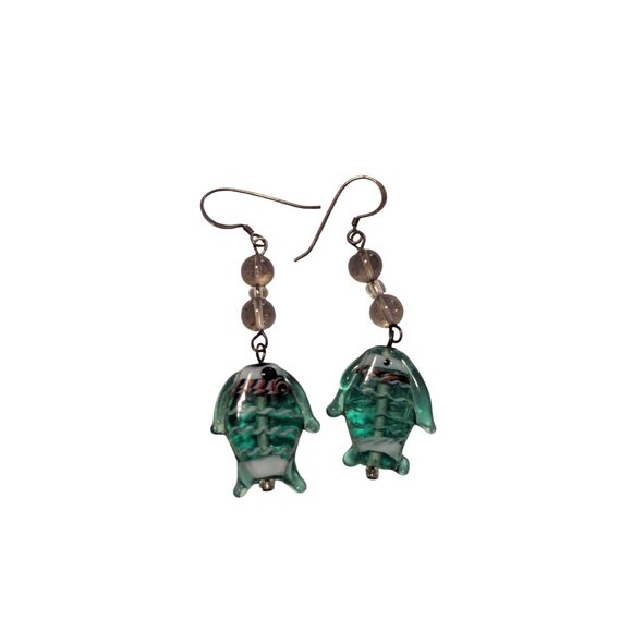 Handcrafted Glass Fish Earrings Beaded Accents Green & Clear Colors - Unique Oce - Picture 1 of 4